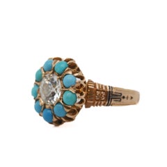 14K Yellow Gold GIA 1.09ct Old European Diamond and Turquoise Engagement Ring