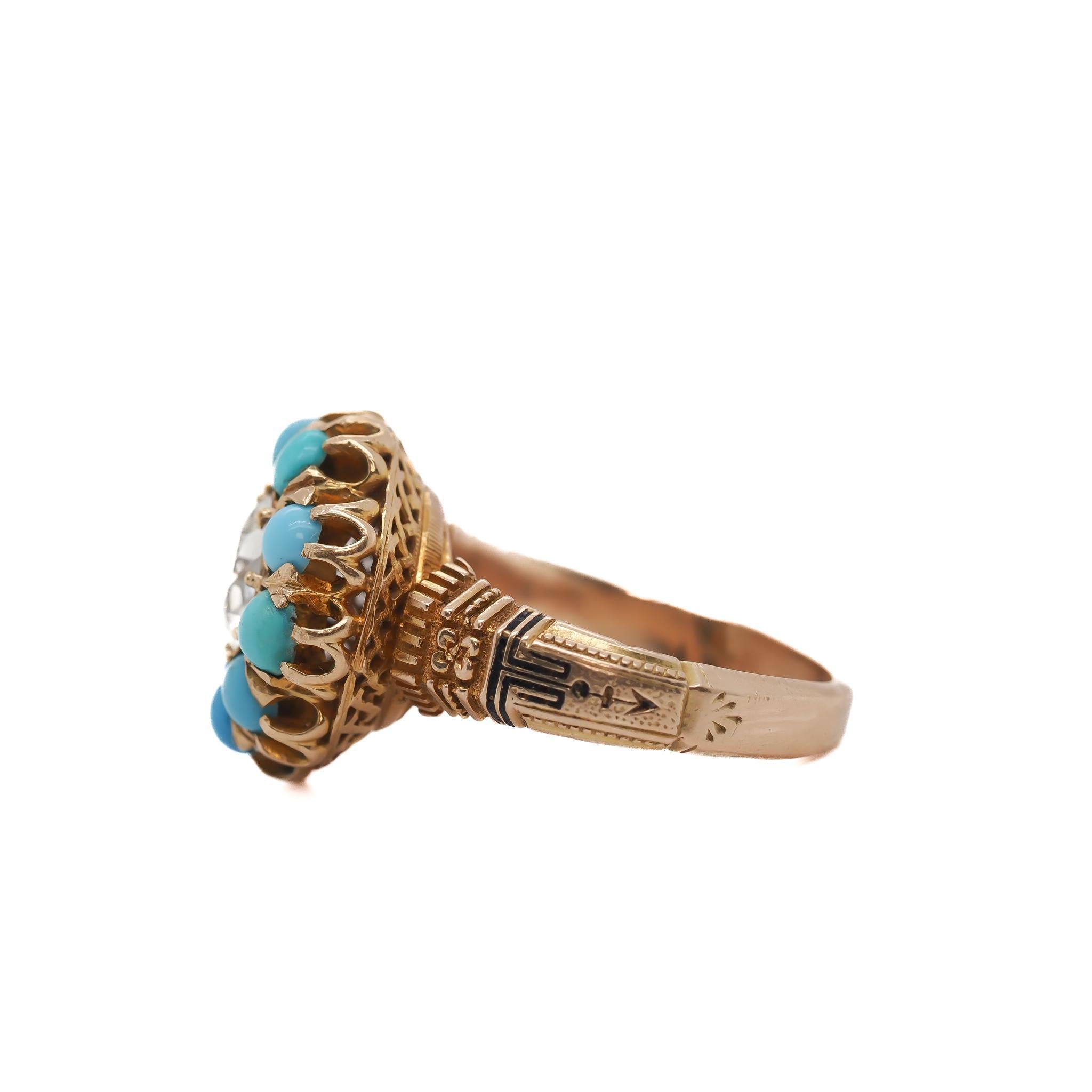 Old European Cut 14K Yellow Gold GIA 1.09ct Old European Diamond and Turquoise Engagement Ring For Sale