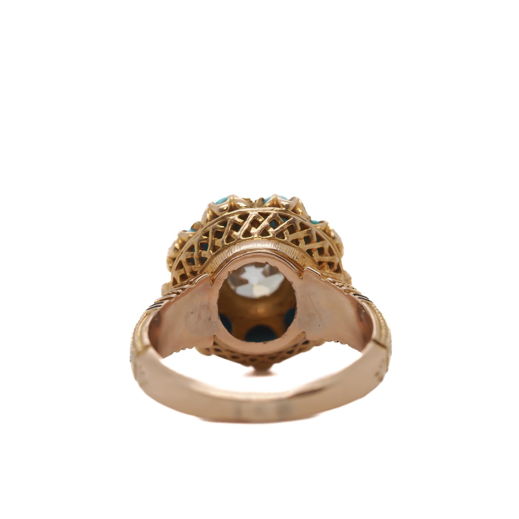 14K Yellow Gold GIA 1.09ct Old European Diamond and Turquoise Engagement Ring In Good Condition For Sale In Hicksville, NY