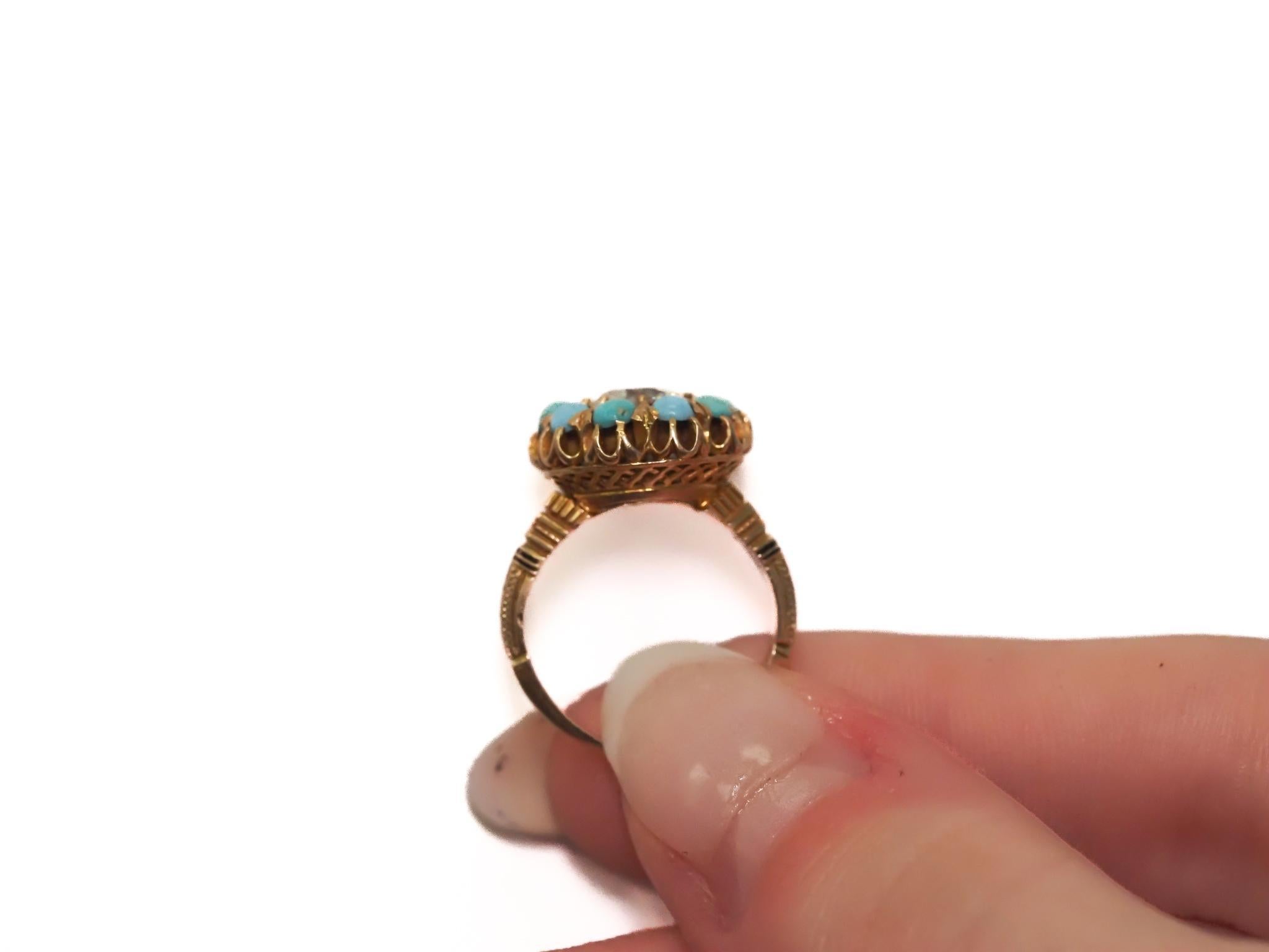 Women's 14K Yellow Gold GIA 1.09ct Old European Diamond and Turquoise Engagement Ring For Sale