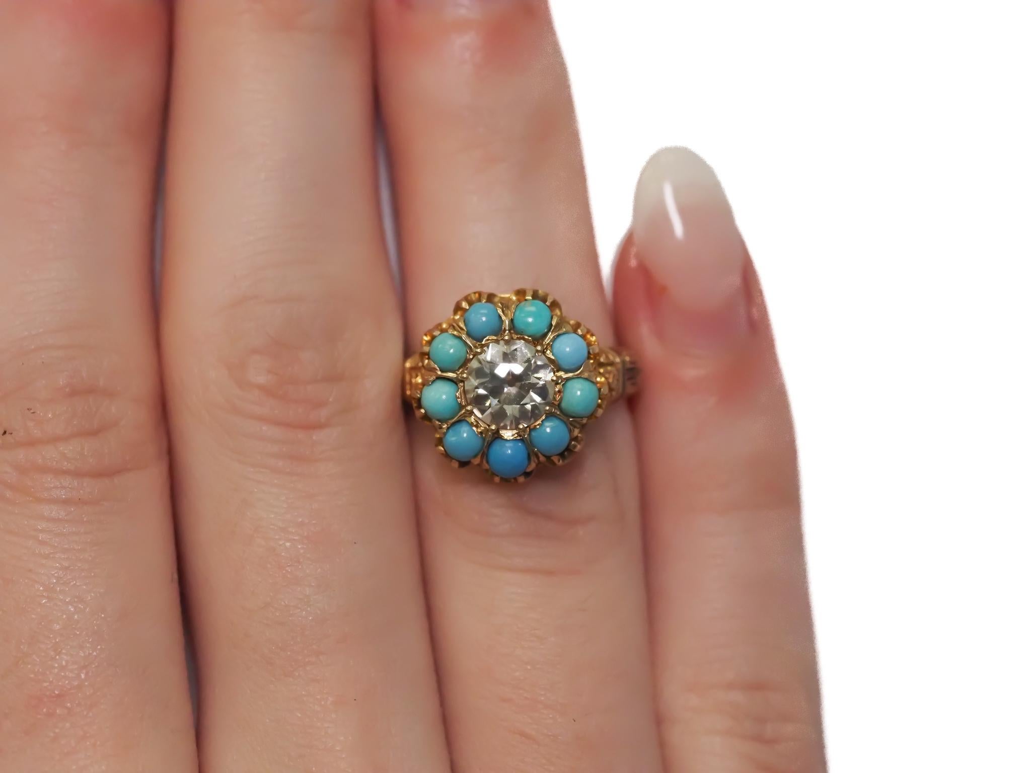 14K Yellow Gold GIA 1.09ct Old European Diamond and Turquoise Engagement Ring For Sale 1