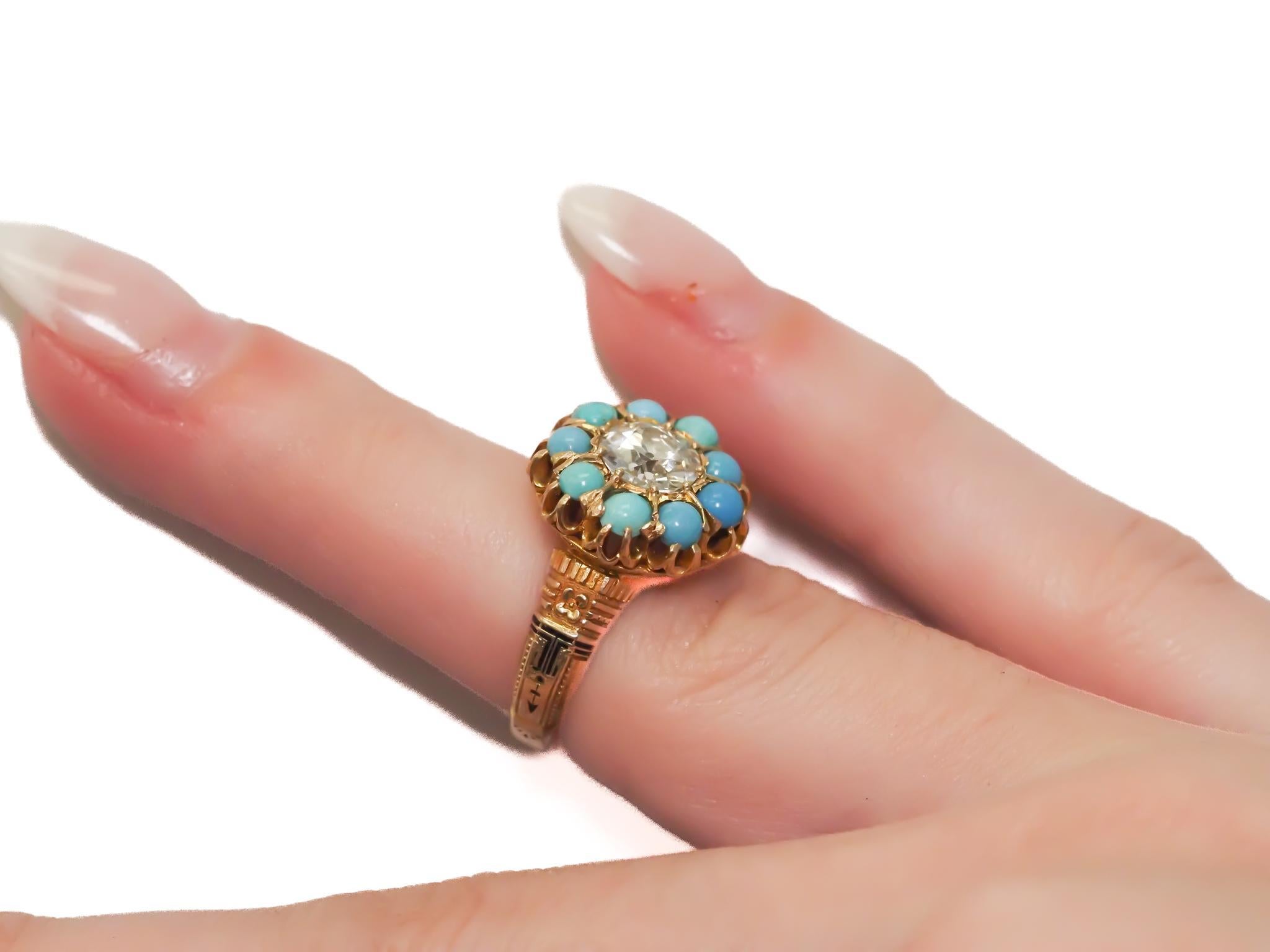 14K Yellow Gold GIA 1.09ct Old European Diamond and Turquoise Engagement Ring For Sale 2