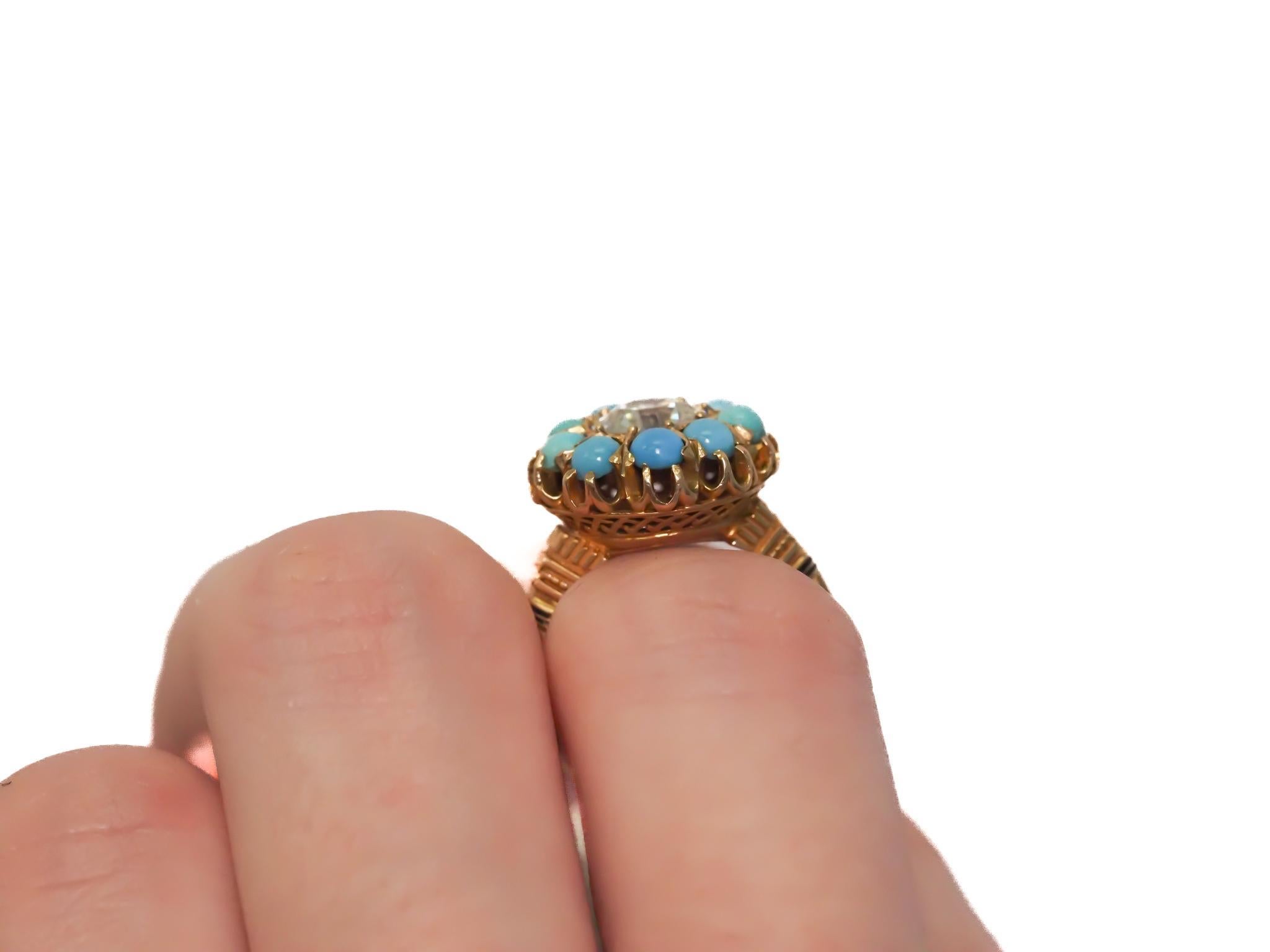 14K Yellow Gold GIA 1.09ct Old European Diamond and Turquoise Engagement Ring For Sale 3