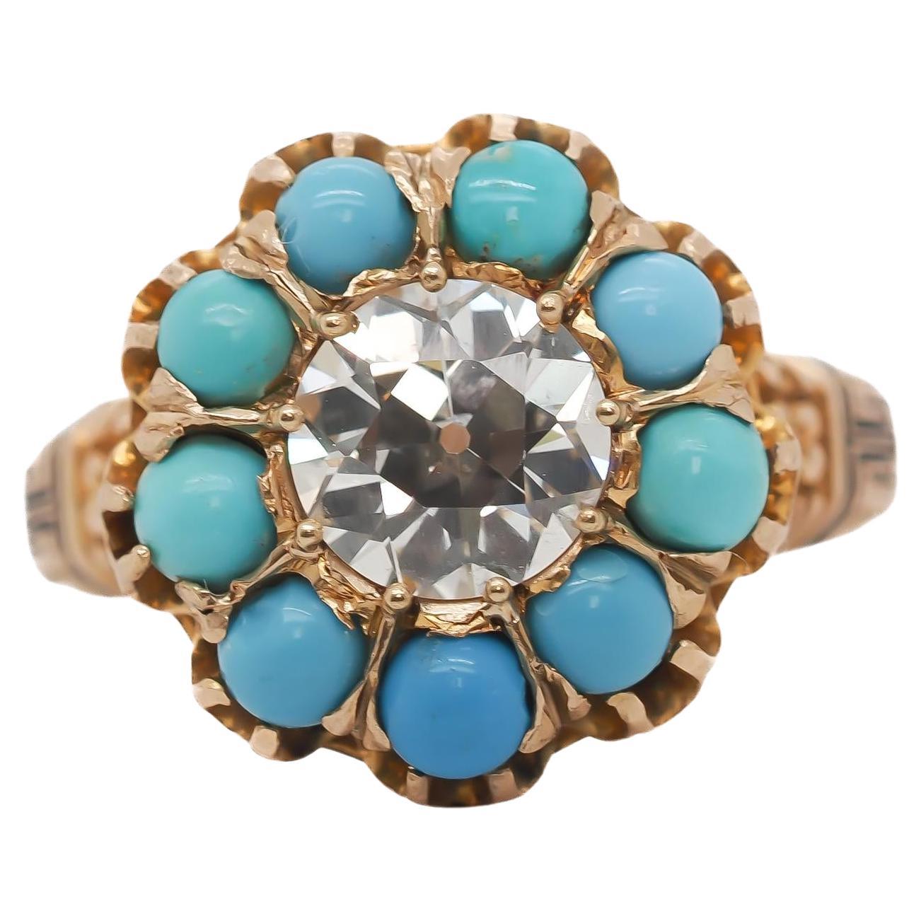 14K Yellow Gold GIA 1.09ct Old European Diamond and Turquoise Engagement Ring For Sale