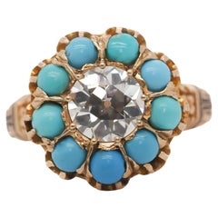 14K Yellow Gold GIA 1.09ct Old European Diamond and Turquoise Engagement Ring