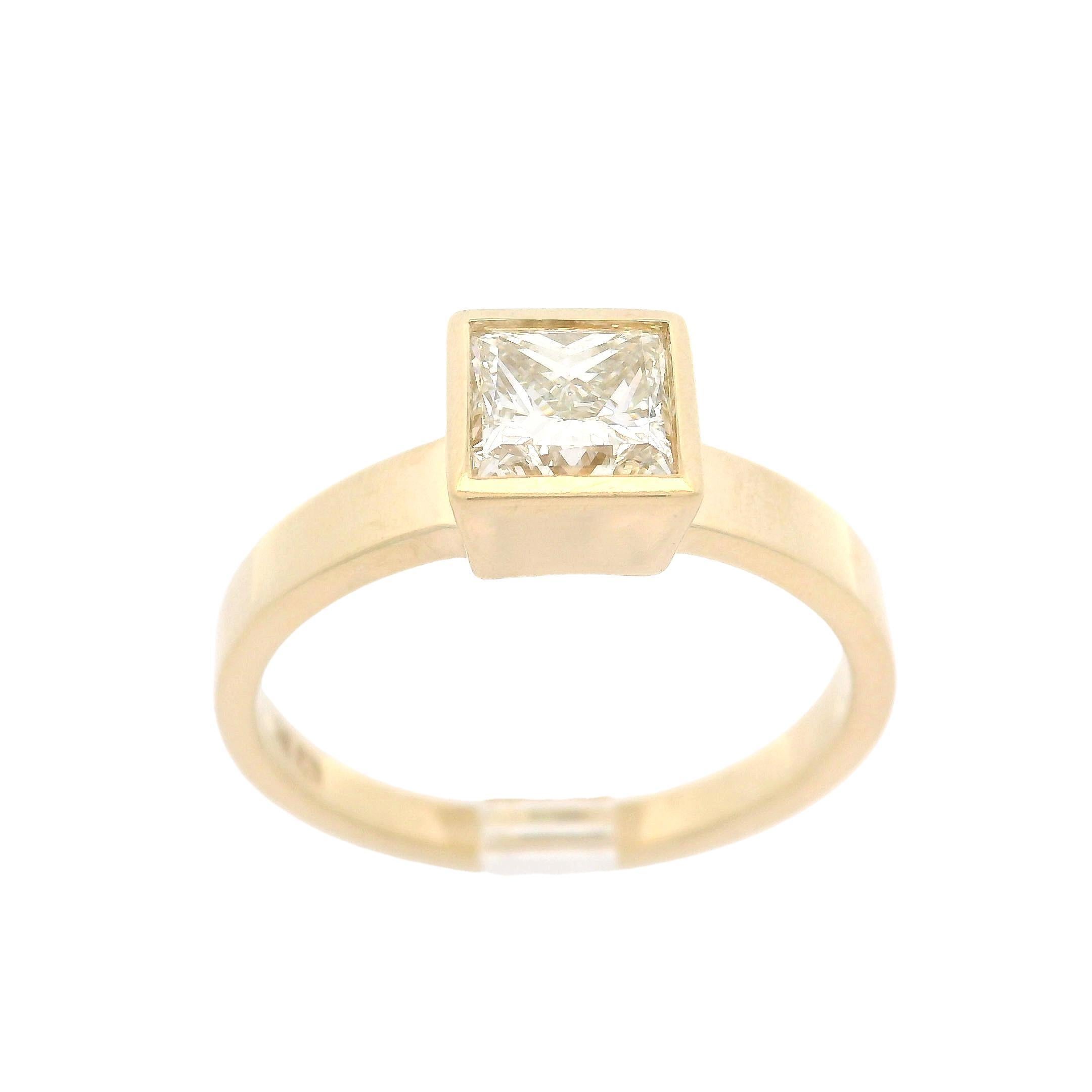Women's 14k Yellow Gold GIA 1.21ct Princess Square Bezel Set Diamond Solitaire Ring