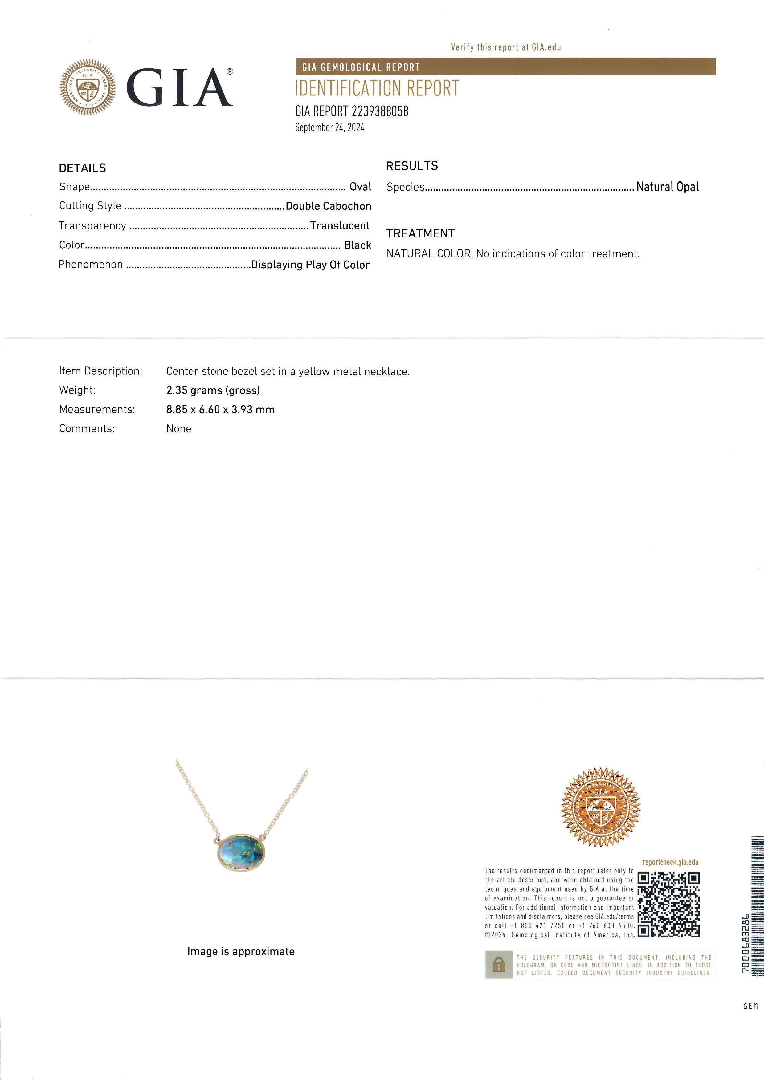 Chaîne collier pendentif en or jaune 14 carats avec opale noire ovale de 1,35 carat certifiée GIA en vente 4