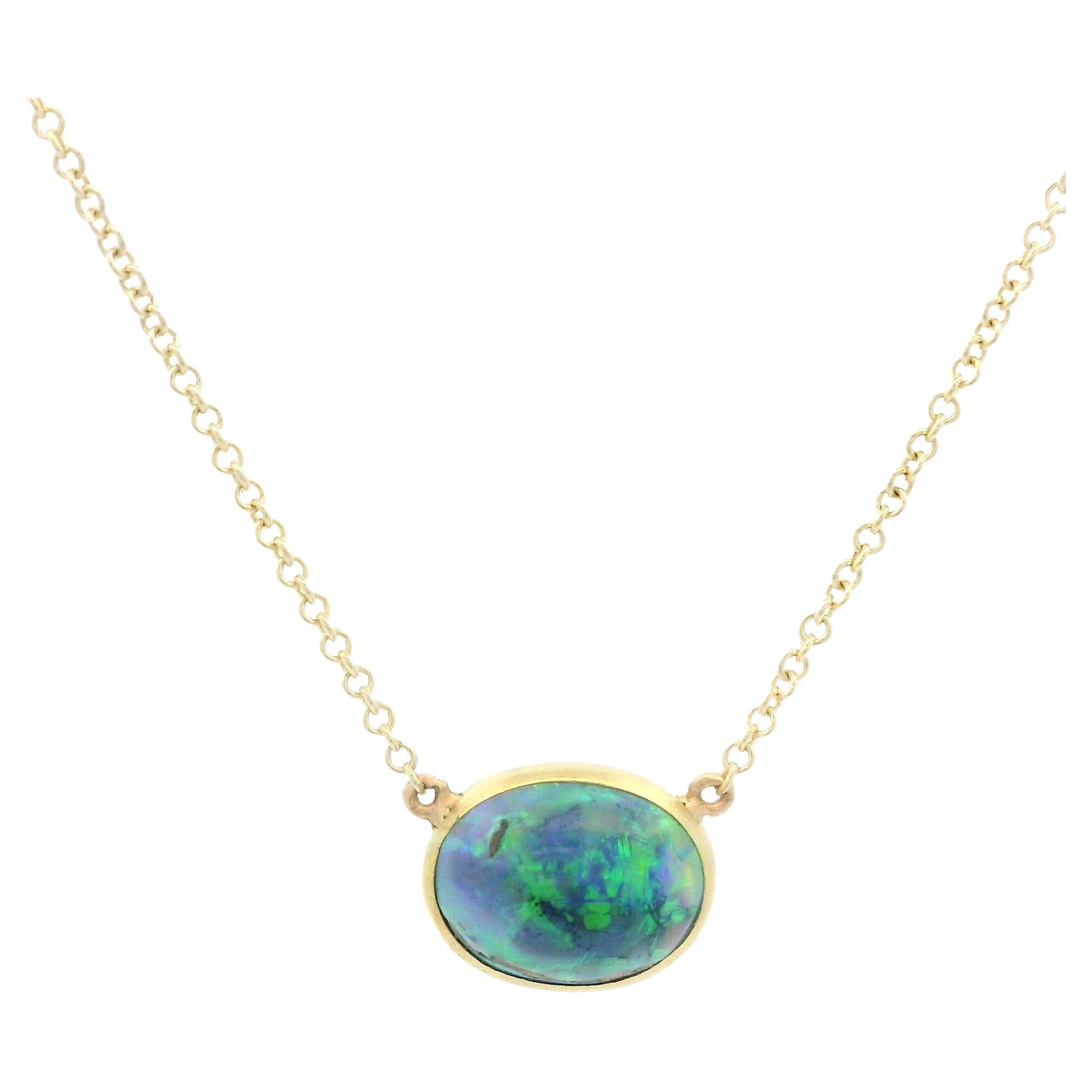 14k Yellow Gold GIA 1.35ct Oval Bezel Set Black Opal Pendant Necklace Chain