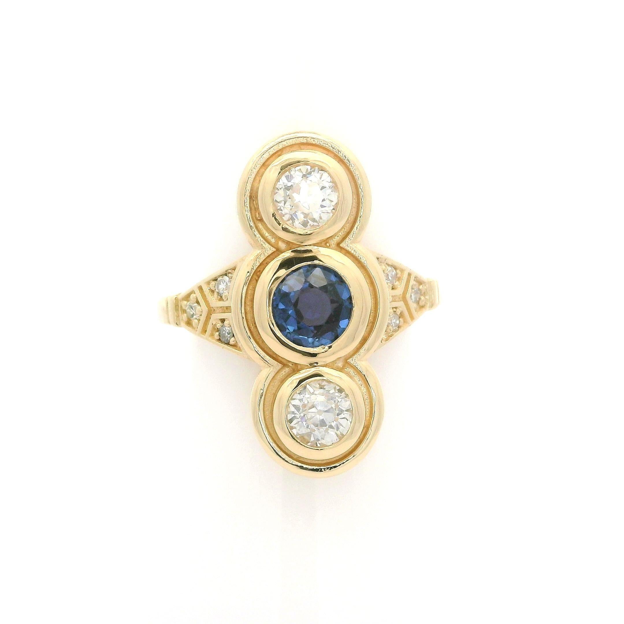 Anello con castone lungo in oro giallo 14k GIA con zaffiro Montana e diamante da 1,51ctw in vendita 2