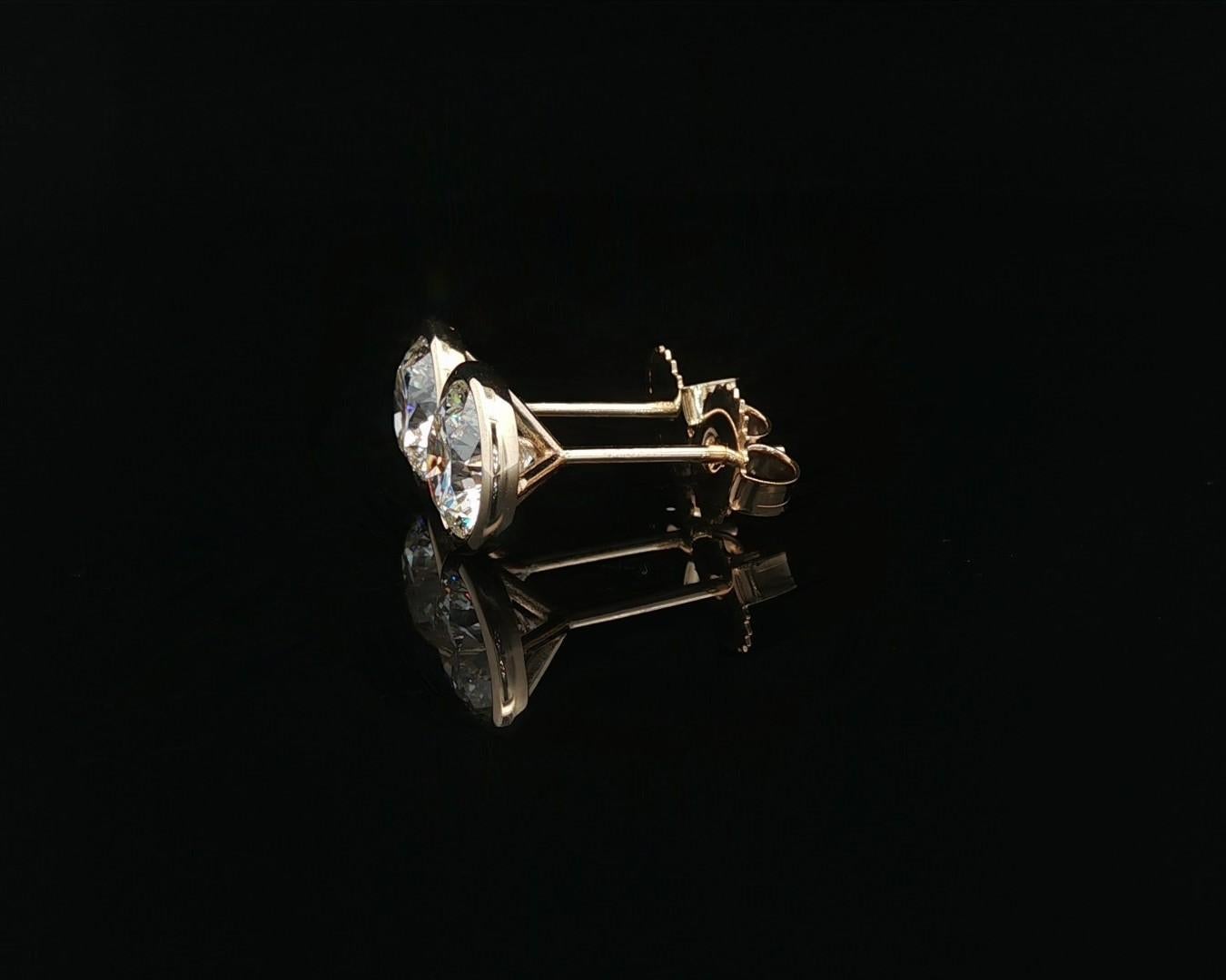 14k Yellow Gold GIA 3.08ct J SI1 Round Bezel Martini Diamond 9mm Stud Earrings en vente 6