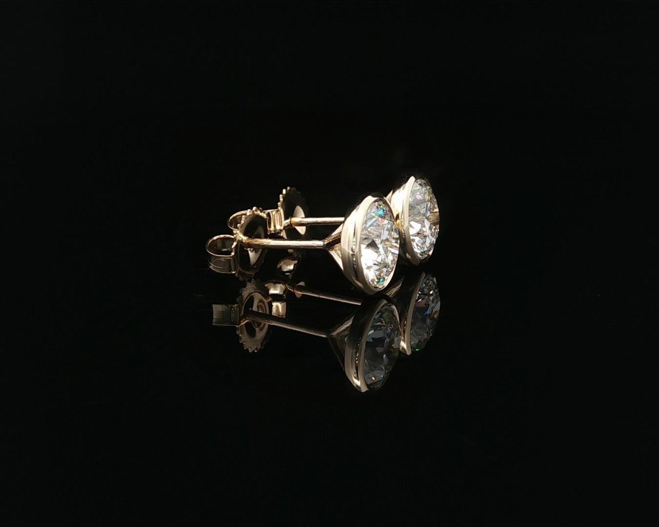 14k Yellow Gold GIA 3.08ct J SI1 Round Bezel Martini Diamond 9mm Stud Earrings en vente 9