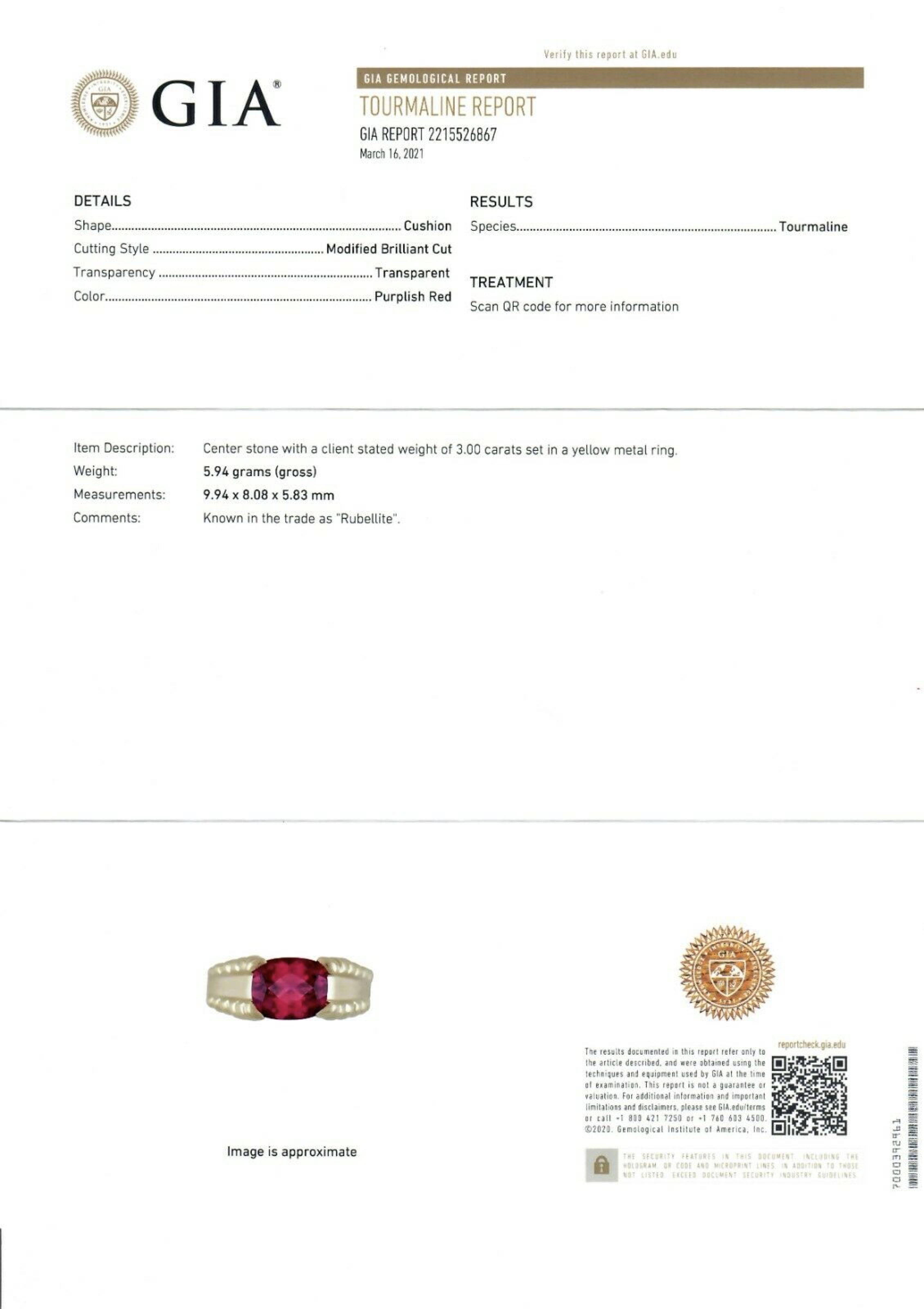 Bague d'appoint solitaire en or jaune 14 carats avec tourmaline rubellite taille coussin 3 carats certifiée GIA en vente 6