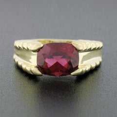 14k Yellow Gold GIA 3ct Cushion Rubellite Tourmaline Solitaire Grooved Side Ring
