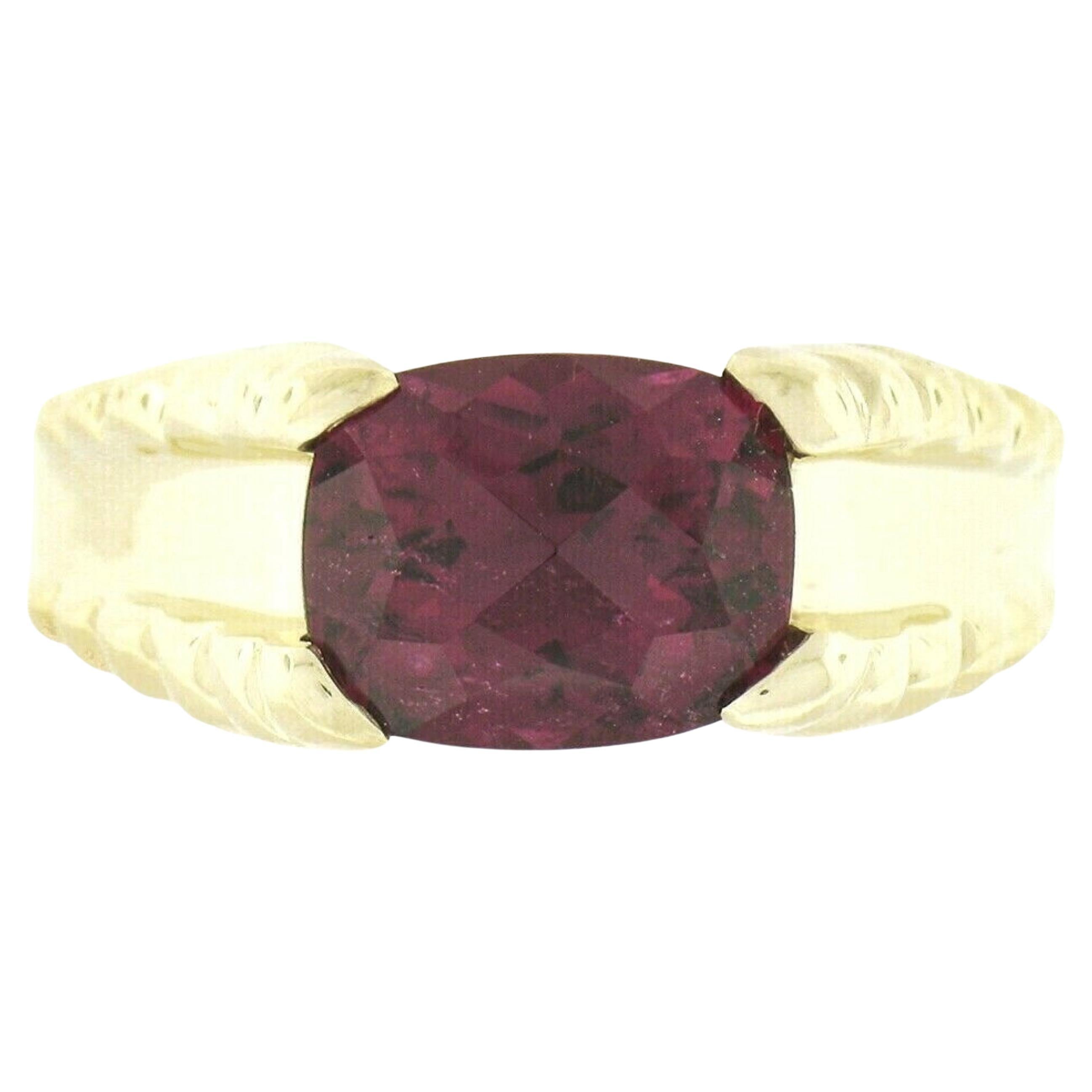 14k Yellow Gold GIA 3ct Cushion Rubellite Tourmaline Solitaire Grooved Side Ring