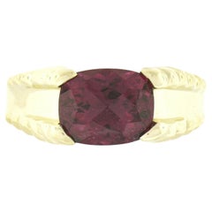 Vintage 14k Yellow Gold GIA 3ct Cushion Rubellite Tourmaline Solitaire Grooved Side Ring