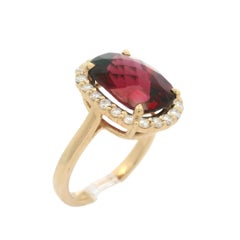 14k Yellow Gold GIA 6.80ctw Checkerboard Red Cushion Garnet & Diamond Halo Ring