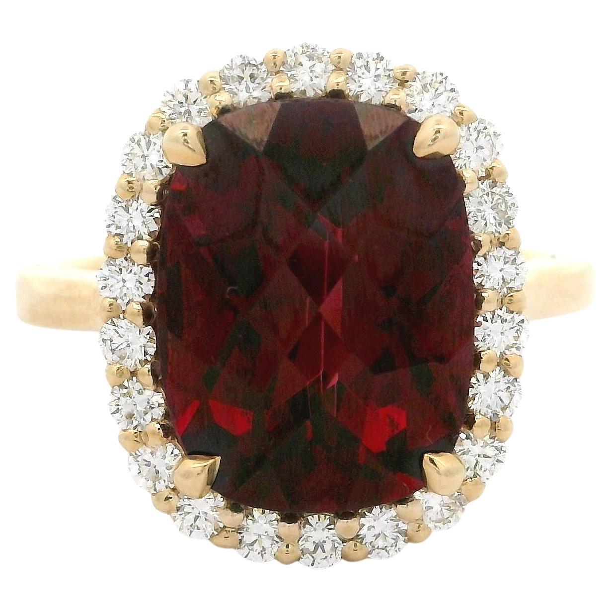 14k Yellow Gold GIA 6.80ctw Checkerboard Red Cushion Garnet & Diamond Halo Ring