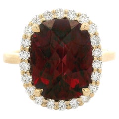 14k Yellow Gold GIA 6.80ctw Checkerboard Red Cushion Garnet & Diamond Halo Ring