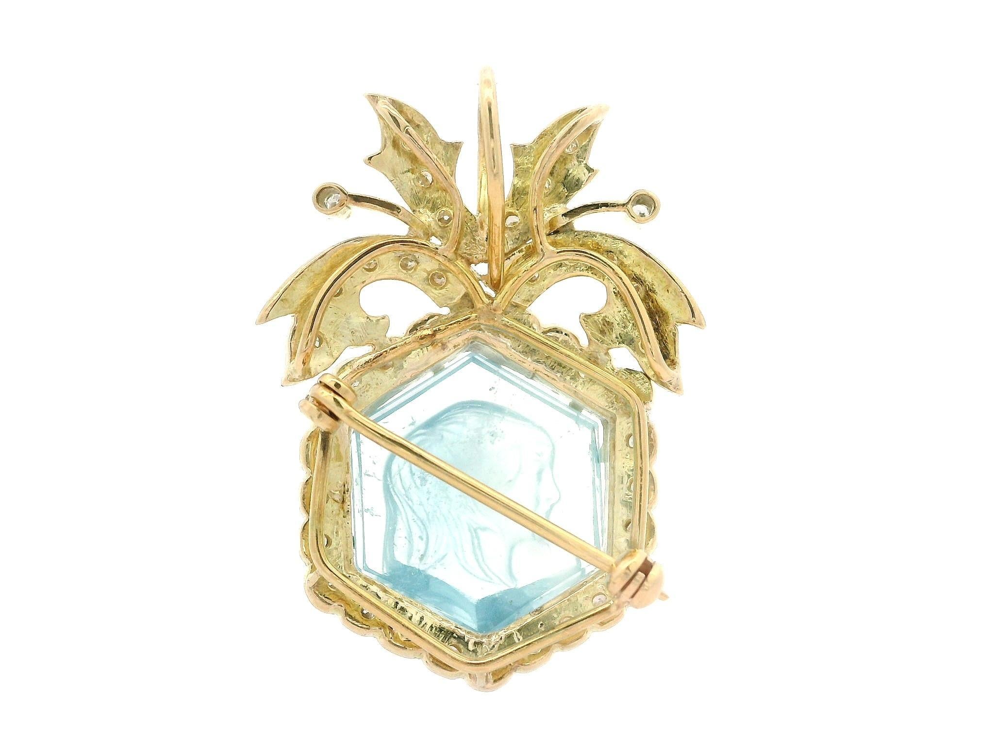 14k Gelbgold GIA geschnitzt Kamee Aquamarin Diamant Rahmen Pin Brosche Anhänger (Hexagonschliff) im Angebot