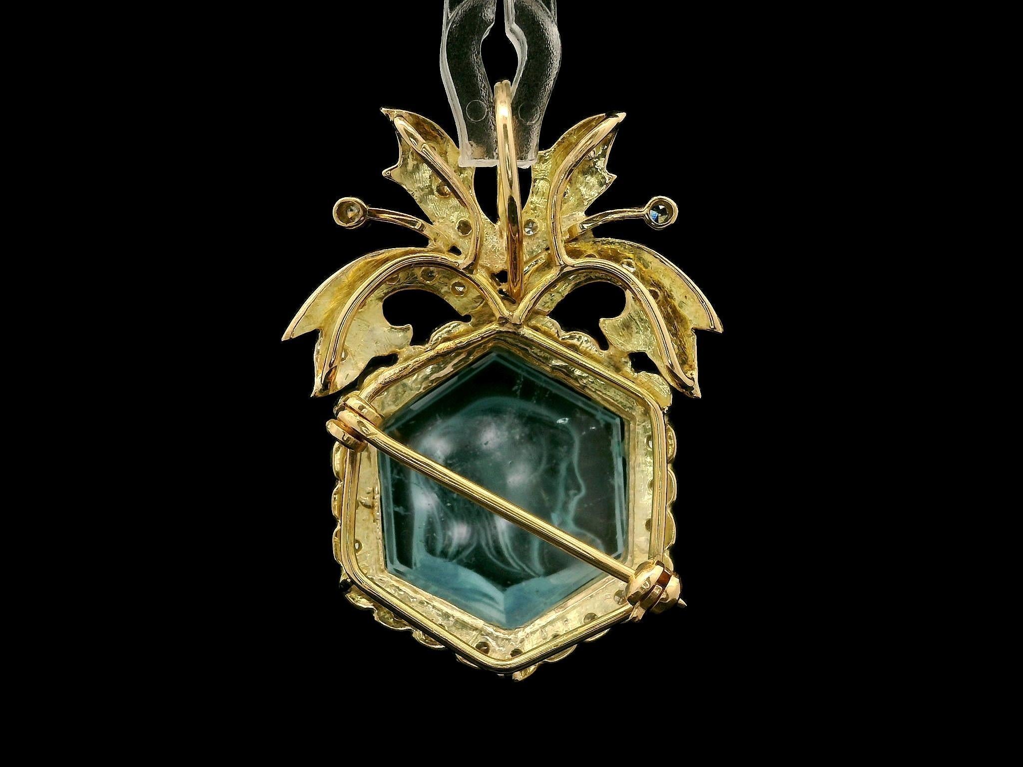14k Gelbgold GIA geschnitzt Kamee Aquamarin Diamant Rahmen Pin Brosche Anhänger im Angebot 2