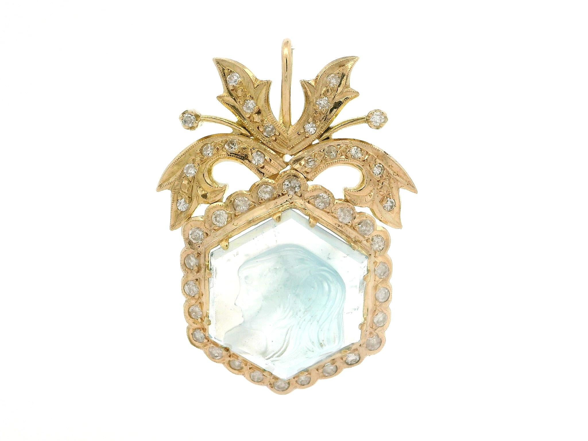 14k Gelbgold GIA geschnitzt Kamee Aquamarin Diamant Rahmen Pin Brosche Anhänger im Angebot 4