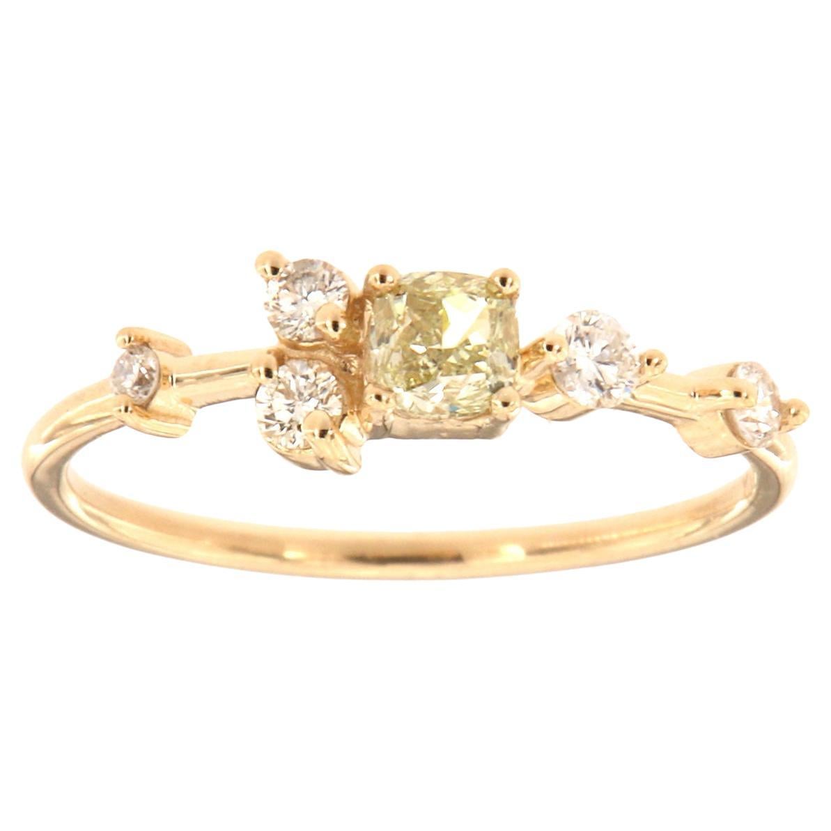 14k Yellow Gold GIA Certified 0.31 Carat Square Cushion Yellow Diamond Ring For Sale