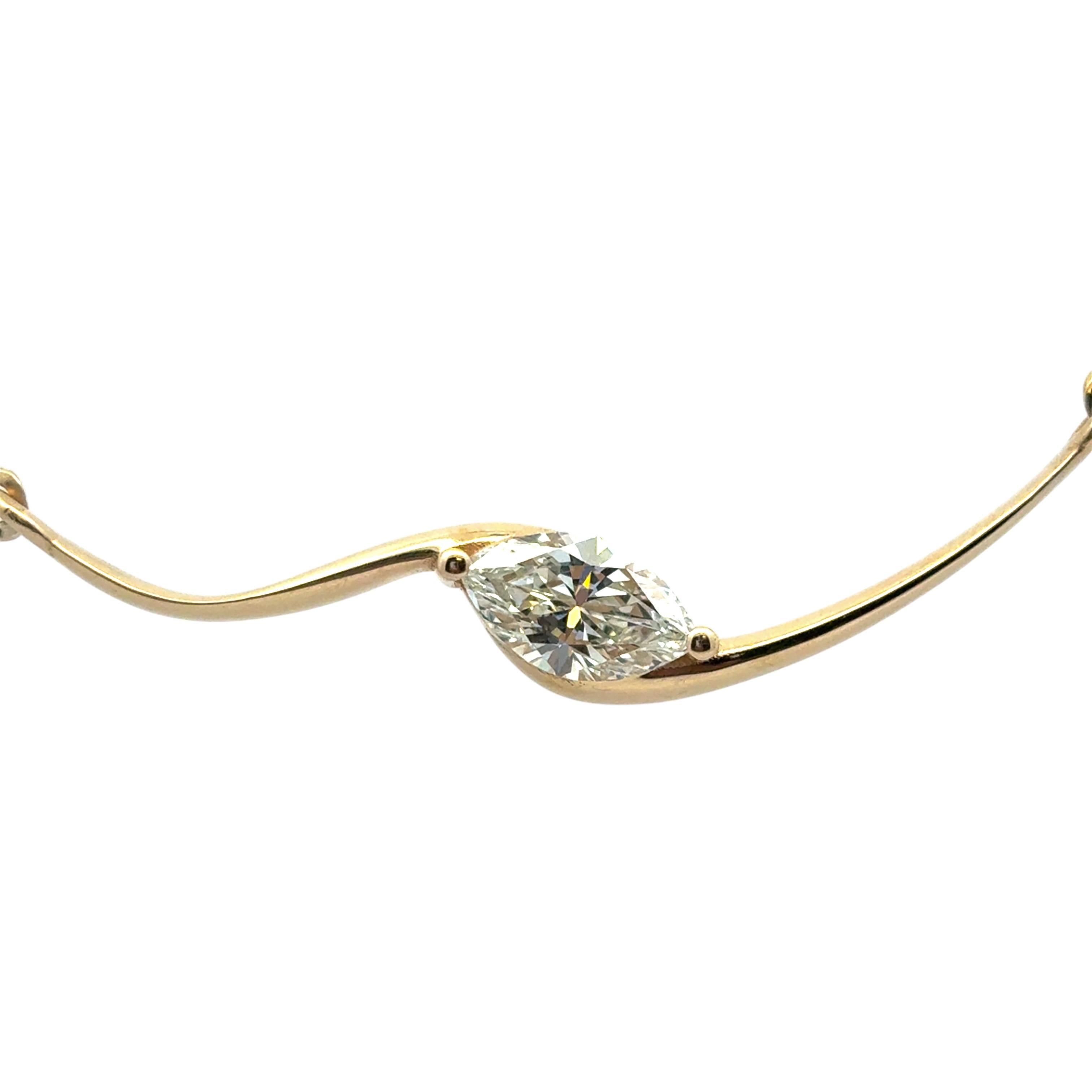 Modern 14k Yellow Gold GIA Certified 1ct Natural Marquise Cut Diamond Wave Necklace For Sale