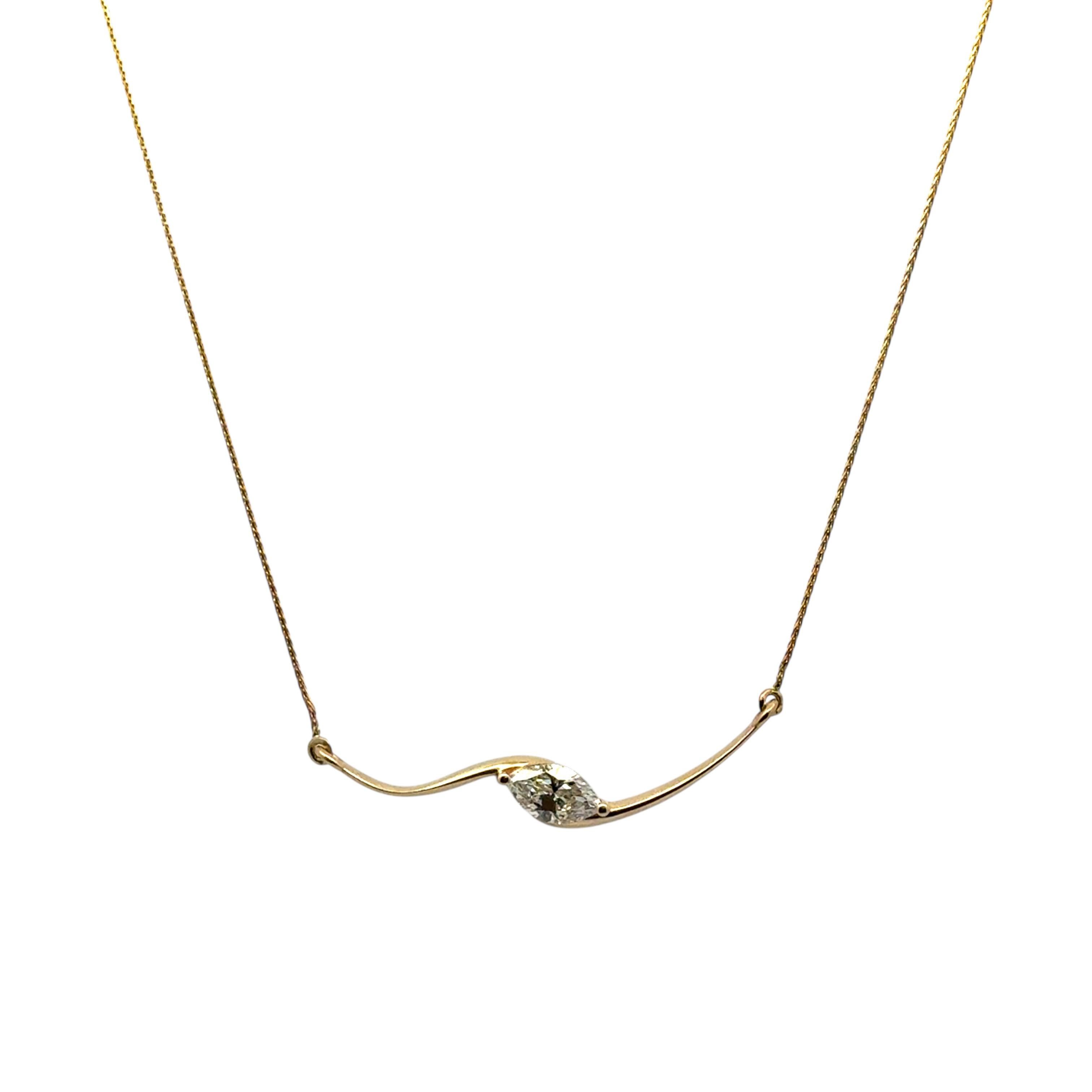 14k Yellow Gold GIA Certified 1ct Natural Marquise Cut Diamond Wave Necklace In Excellent Condition For Sale In Boca Raton, FL