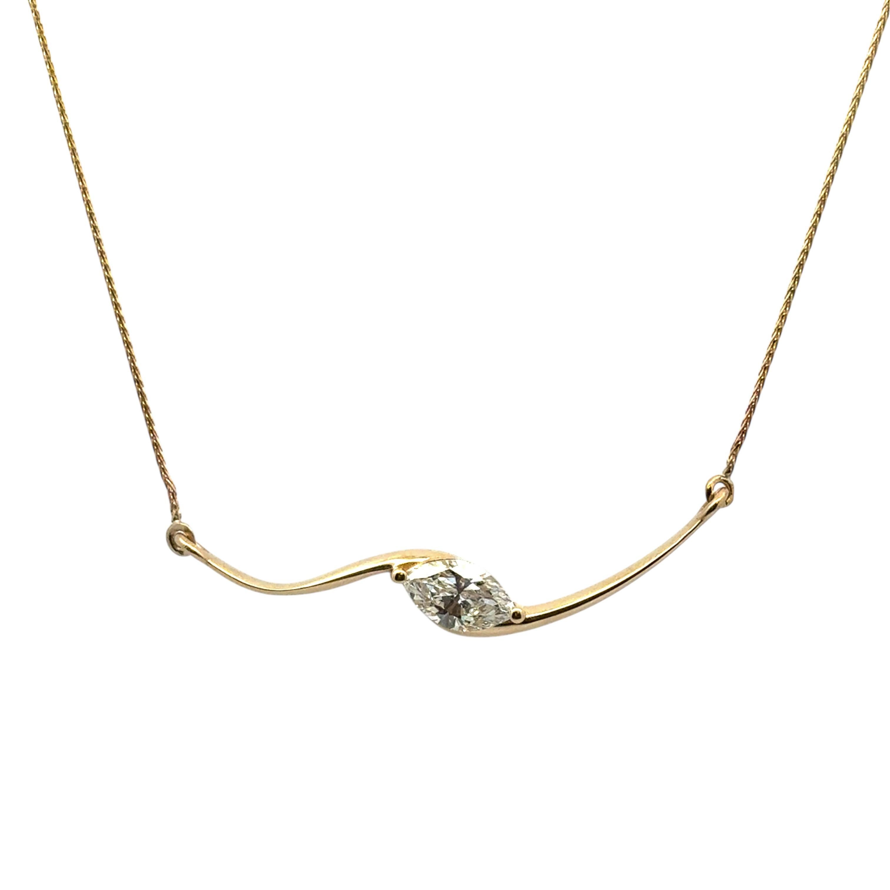 Women's 14k Yellow Gold GIA Certified 1ct Natural Marquise Cut Diamond Wave Necklace For Sale