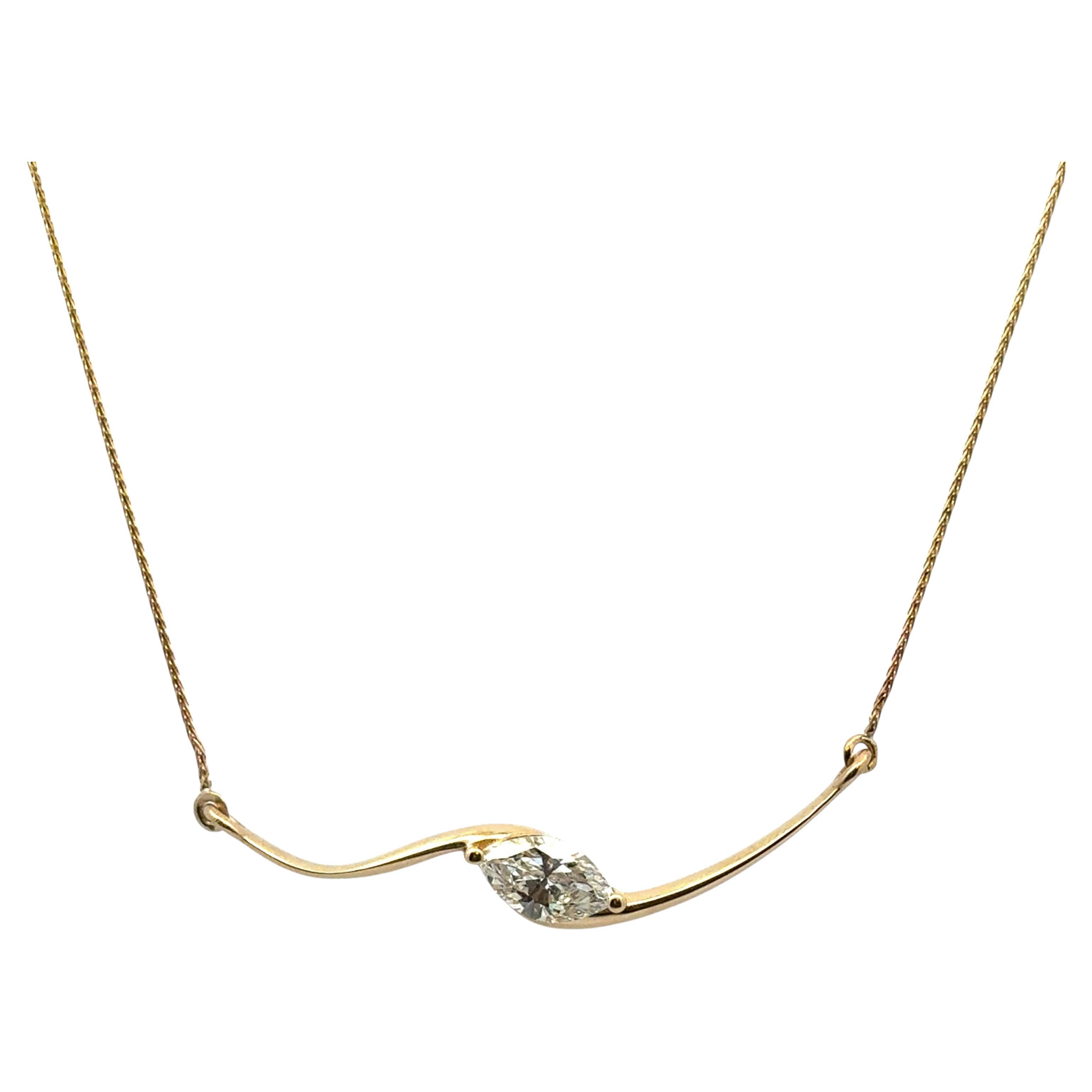 14k Yellow Gold GIA Certified 1ct Natural Marquise Cut Diamond Wave Necklace For Sale
