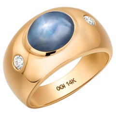 14K Yellow Gold GIA Certified Natural Star Sapphire & Diamond Three-Stone Ring