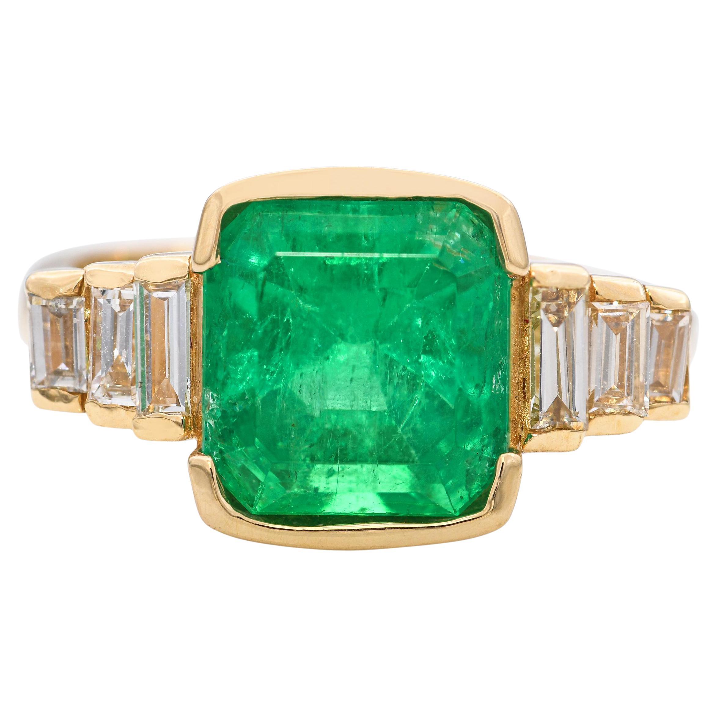 Bague en or jaune 14K GIA huile mineure colombienne 2.79Ct émeraude et 0.50TCW diamant