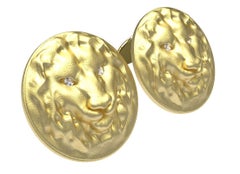 14 Karat Yellow Gold GIA Diamond Lion Cufflinks
