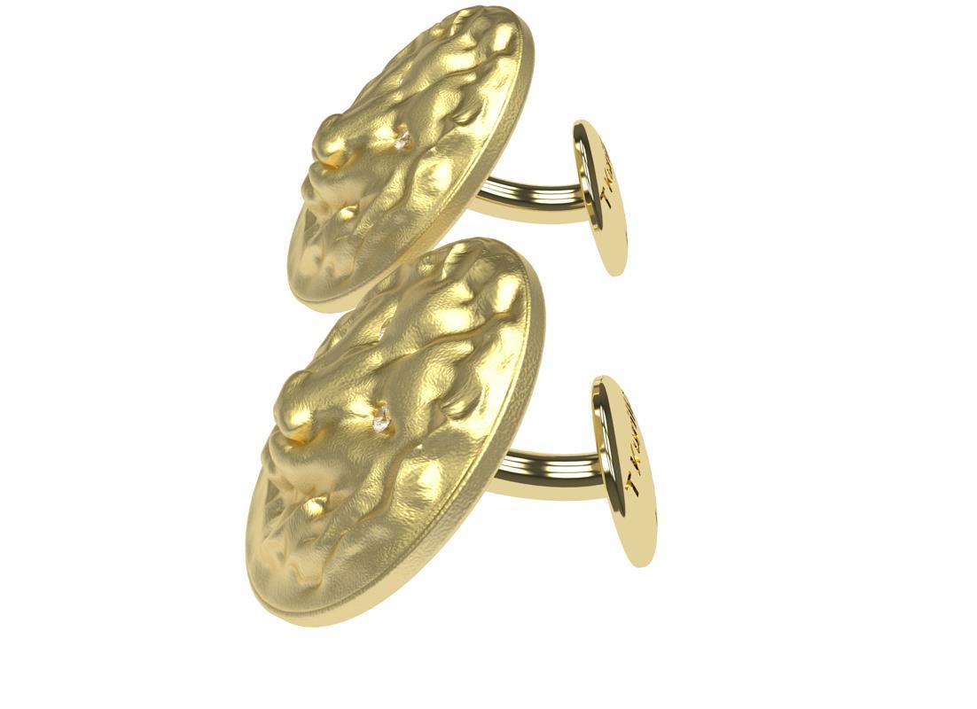 Contemporain Boutons de manchette lion en or jaune 14 carats et diamants certifiés GIA en vente