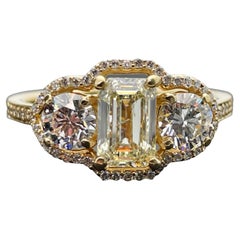 14k Yellow Gold GIA Emerald Diamond Trinity Ring. 2.05TCW