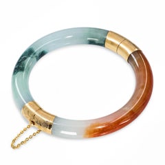 Bracciale a cerniera in oro giallo 14k con giadaite dai colori variegati (arancione e verde), certificata GIA
