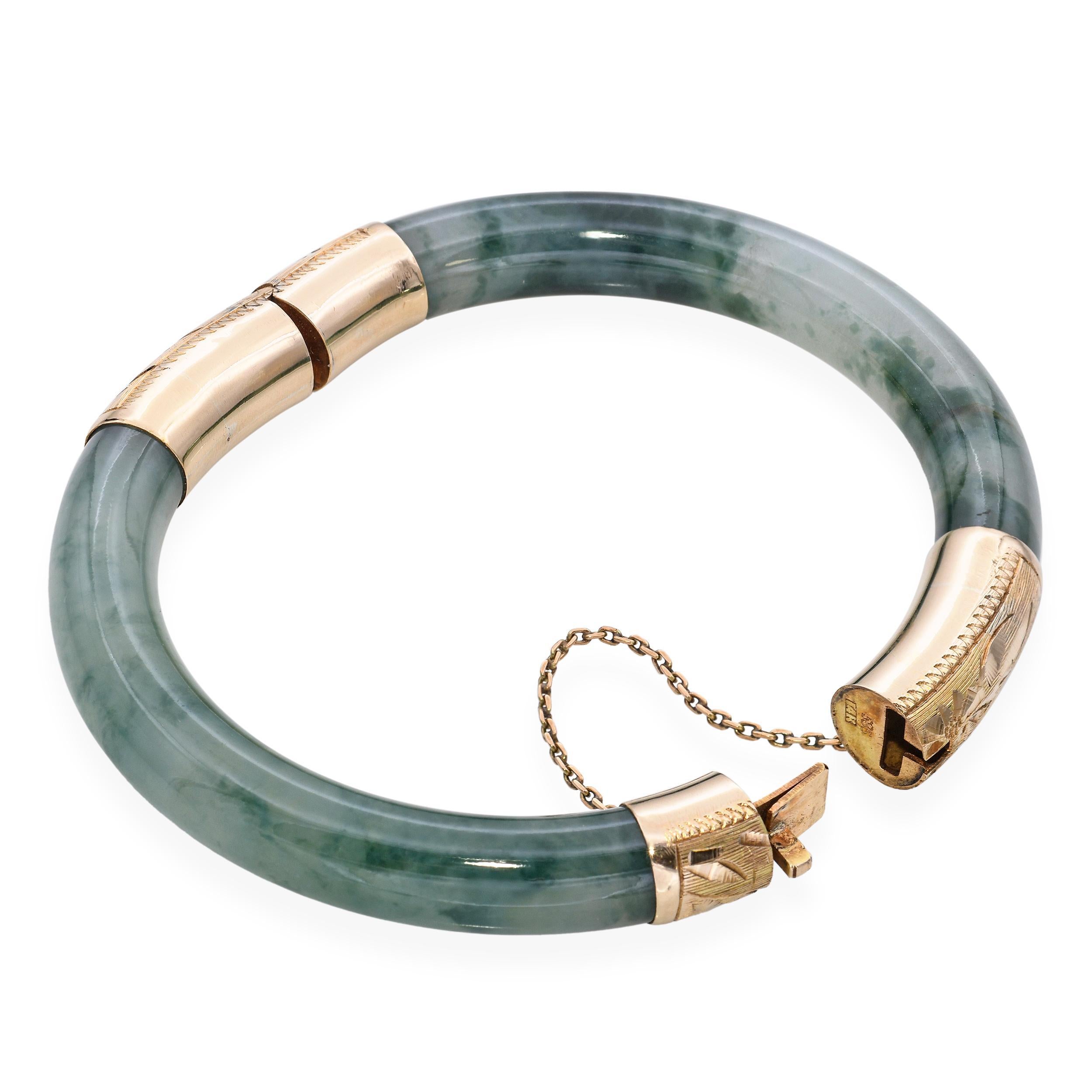Brazalete de oro amarillo de 14 quilates con jadeíta y onfacita de jade tipo A GIA en venta 2
