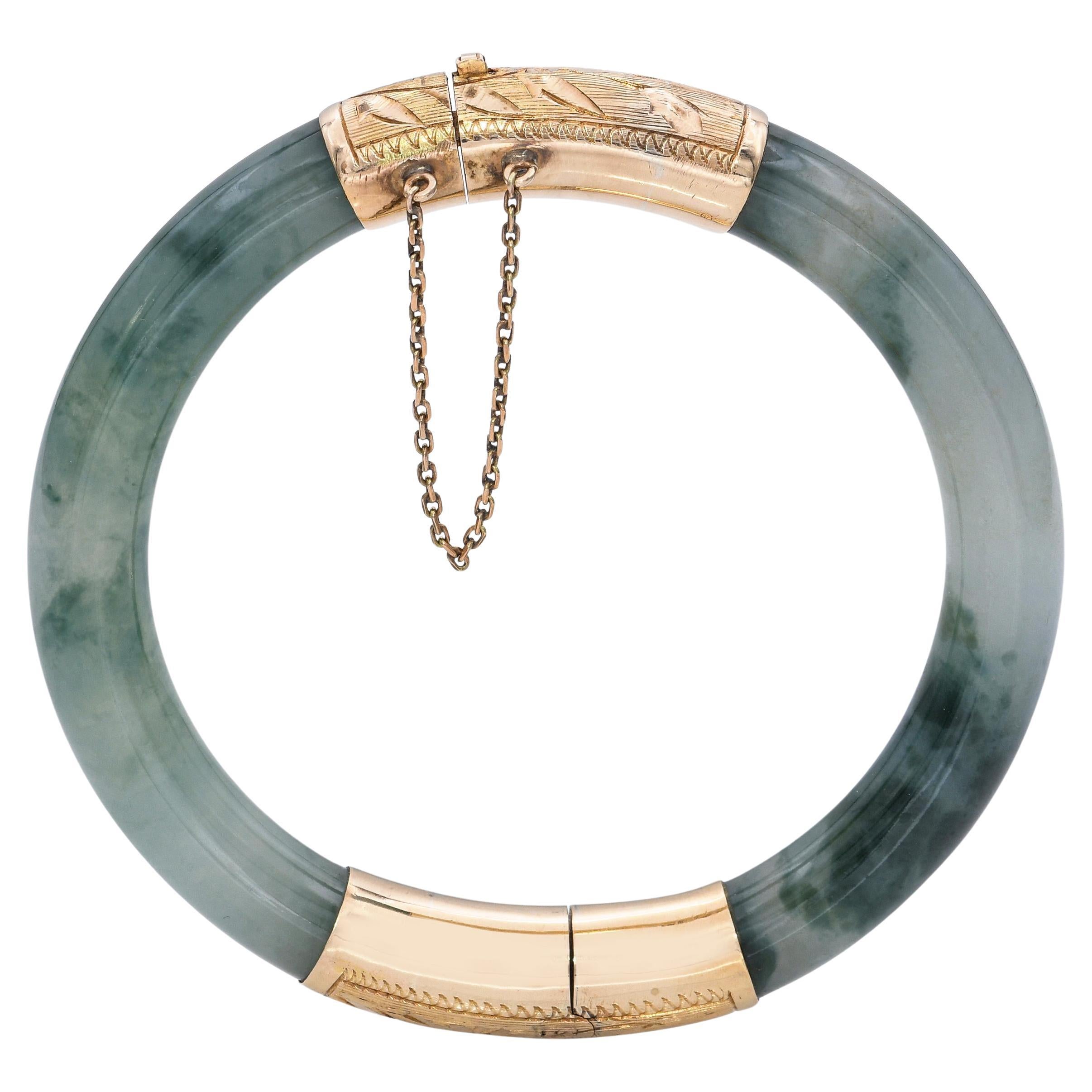 Brazalete de oro amarillo de 14 quilates con jadeíta y onfacita de jade tipo A GIA en venta