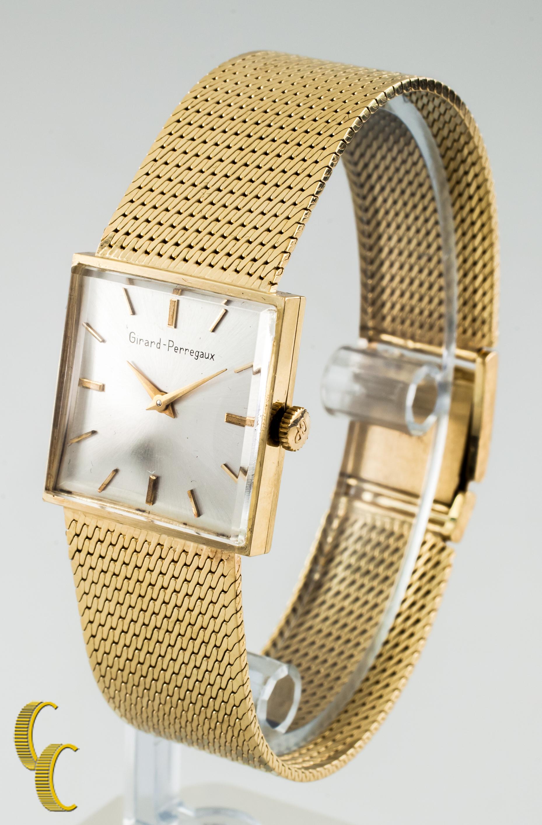 14k Yellow Gold Girard-Perregaux Vintage Hand-Winding Watch w/ Gold Mesh Band

Case #GPB2064-636280

Square 14k Yellow Gold Case
22 mm Wide (24 mm w/ Crown)
22 mm Long

Lug-to-Lug Distance = 22 mm
Lug-to-Lug Width = 18 mm
Thickness = 6 mm

Champagne