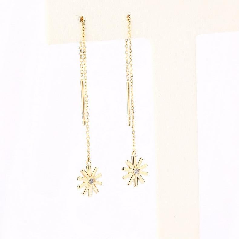 Modern Starburst Diamond 14K Yellow Gold Threader Earrings For Sale