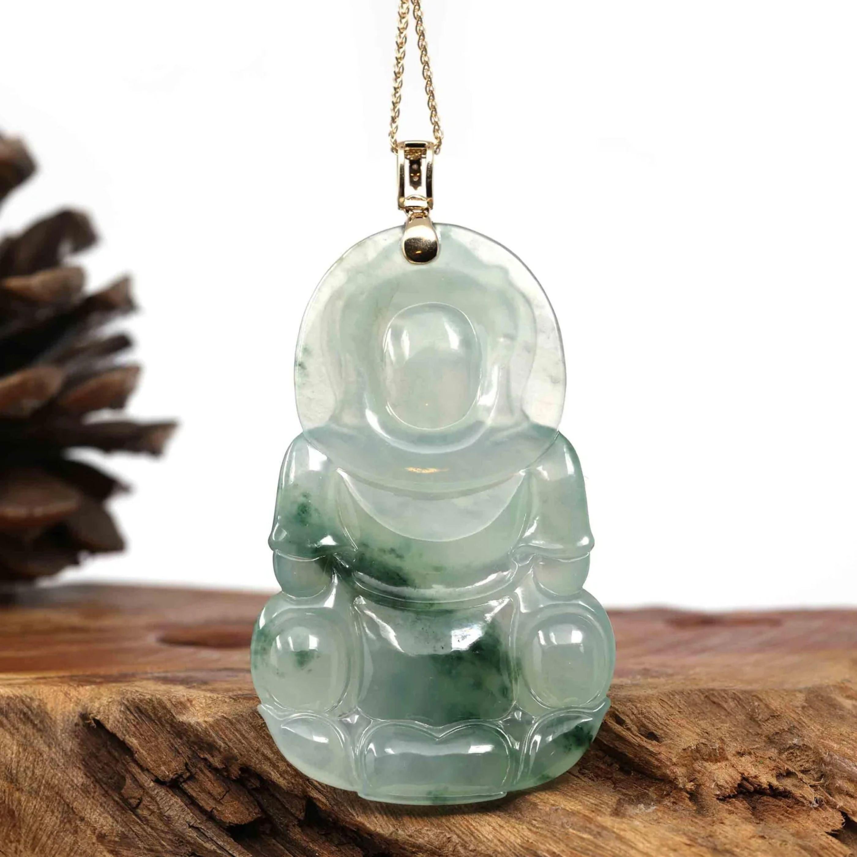 Cabochon 14k Yellow Gold Goddess of Compassion Genuine Ice Burmese Jade Guanyin Necklace