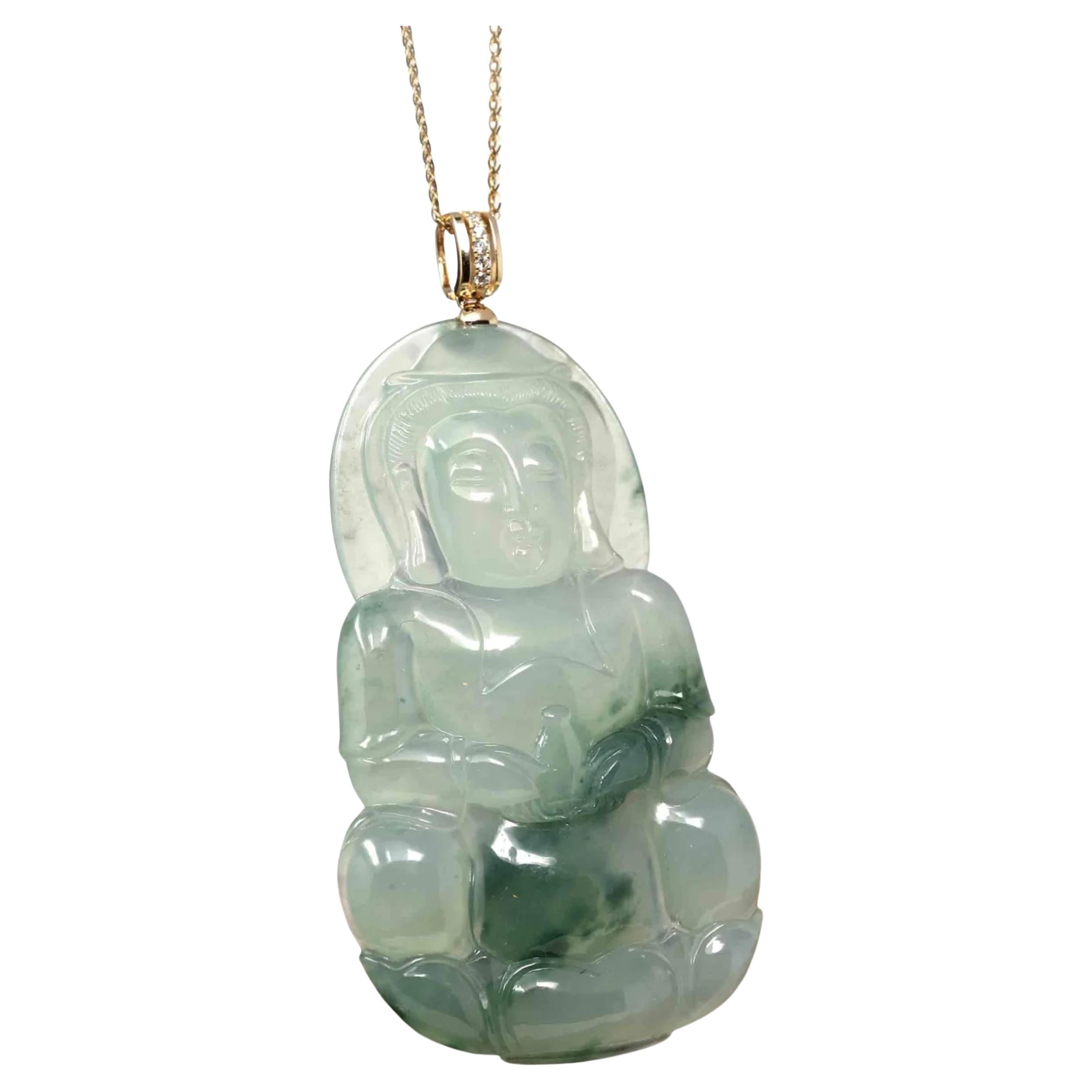 14k Yellow Gold Goddess of Compassion Genuine Ice Burmese Jade Guanyin Necklace