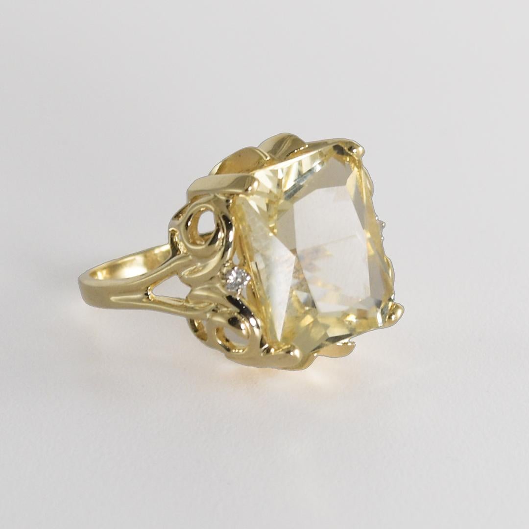 Ladies 14k yellow gold and golden beryl ring.
Stamped 14k and weighs 6.6 grams gross weight.
The beryl is pale yellow, mixed facets, 8.00 carats.
The stone measures 14 x 11.8mm at the top.
The ring size is 5 7/8 and can be sized down to a 5 1/2 or