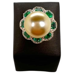 14k Yellow Gold Golden South Sea Pearl with Diamonds & Emeralds Ring