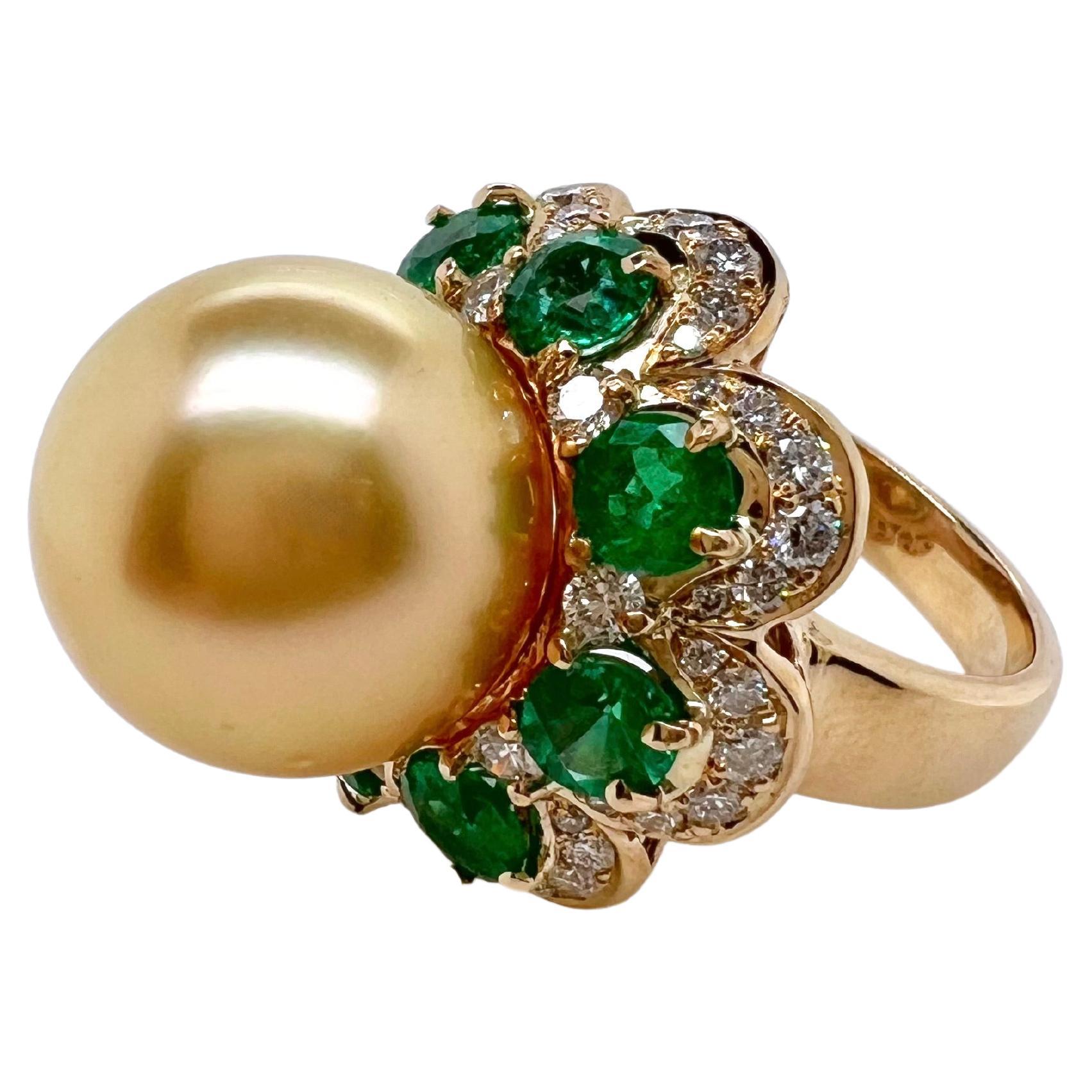 14k Yellow Gold Golden South Sea Pearl with Diamonds & Emeralds Ring For Sale