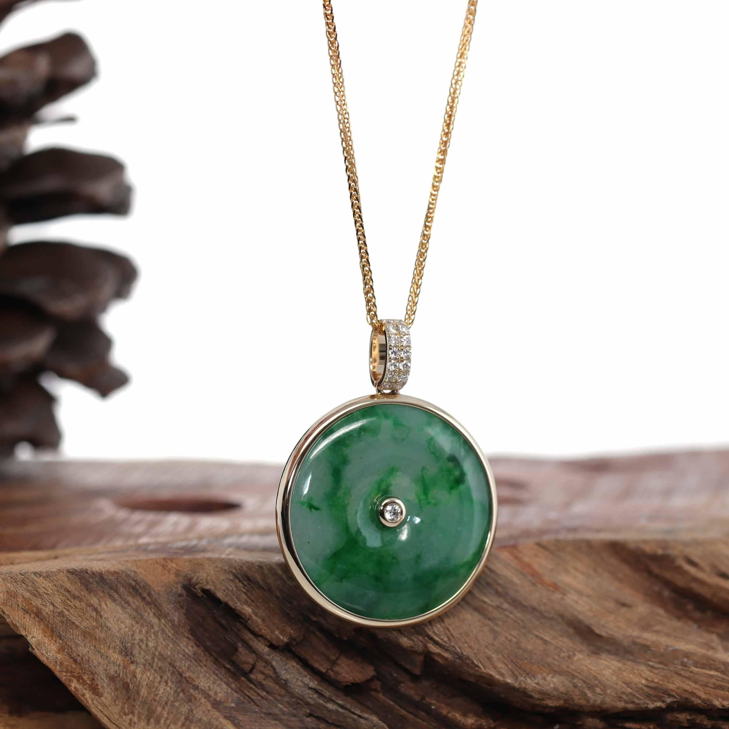* Design Concept--- The simple shape of a circle represents things such as happiness, wholeness, and prosperity. This necklace is made with very high-quality genuine Burmese green jadeite jade. and made with 14K yellow solid gold with VS1 Diamond.