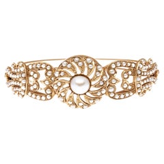 Bracelet jonc vintage en or jaune 14 carats avec perles naturelles de style rétro