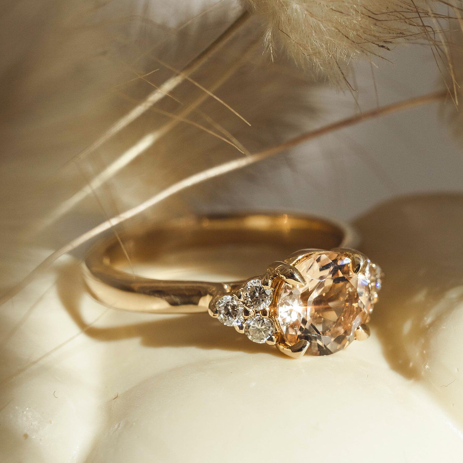 For Sale:  14k Yellow Gold Gracious Dream Engagement Ring, Peach Morganite & Diamonds 5