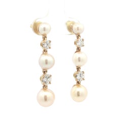 14k Yellow Gold Graduated Alternating Pearl & 1.45ctw Diamond Dangle Earrings