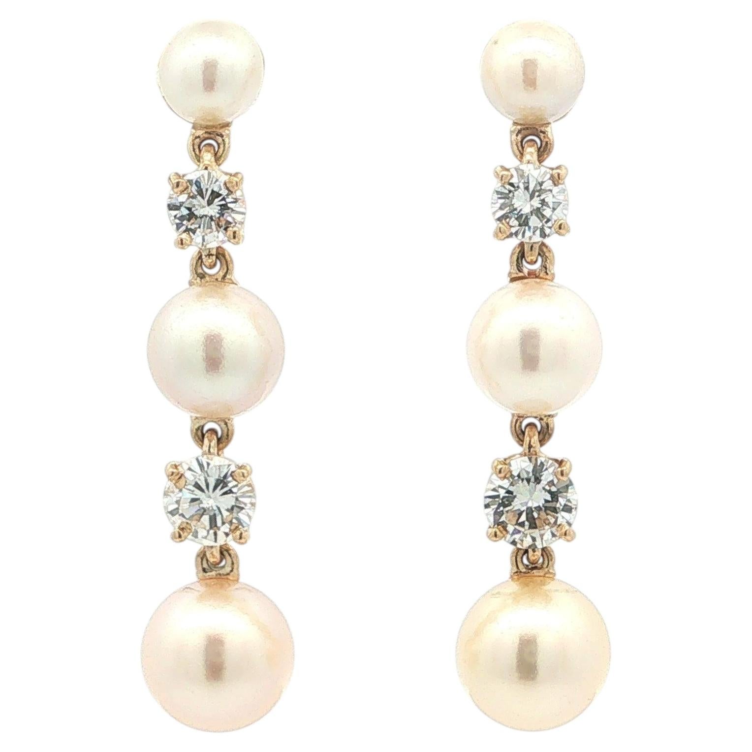 14k Yellow Gold Graduated Alternating Pearl & 1.45ctw Diamond Dangle Earrings